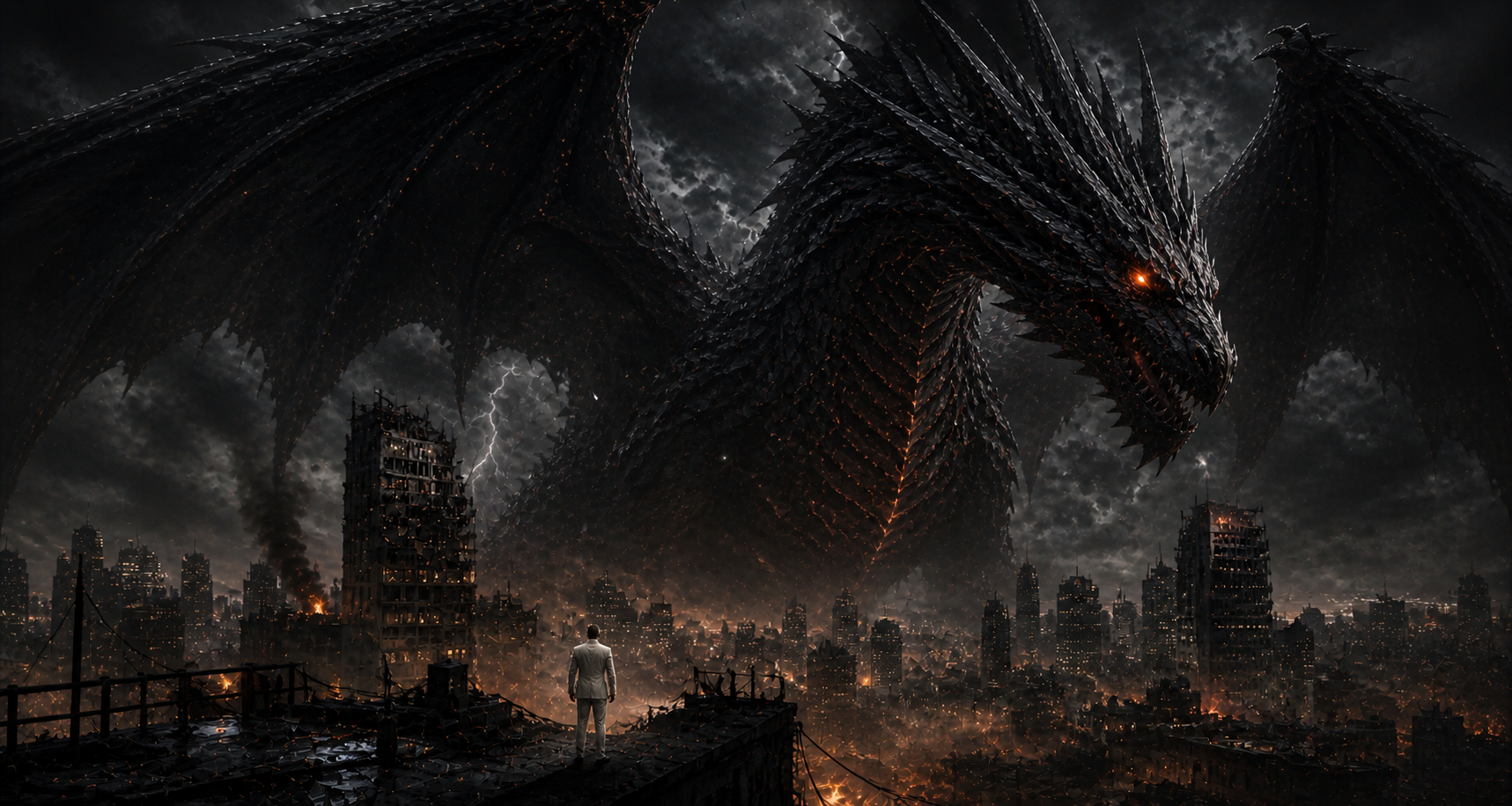 An ancient black dragon rising over a fractured city as a lone observer watches